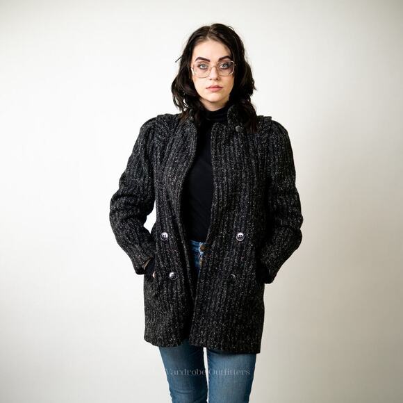 Vintage Custom Tailored Tweed Black Peacoat - M - Picture 5 of 12